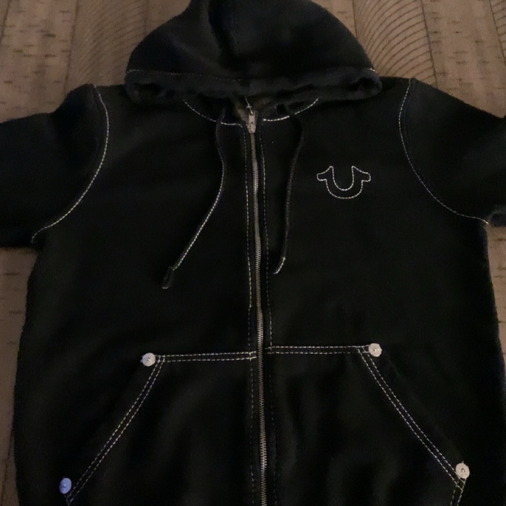True Religion Black Hoodie with White Stitching